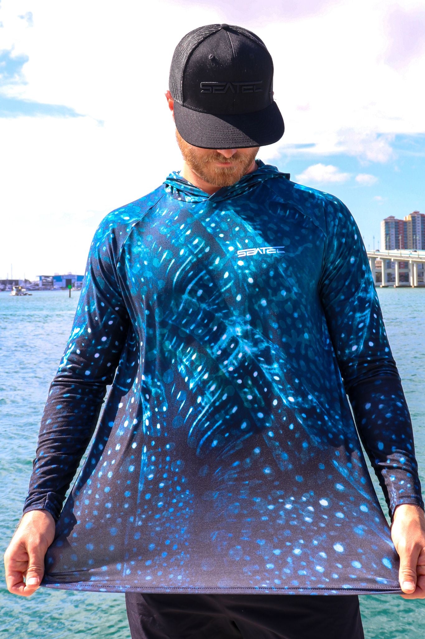 Whale Shark Men's Hooded Performance Shirt – Lightweight, moisture-wicking fishing shirt for active outdoor use with UPF sun protection