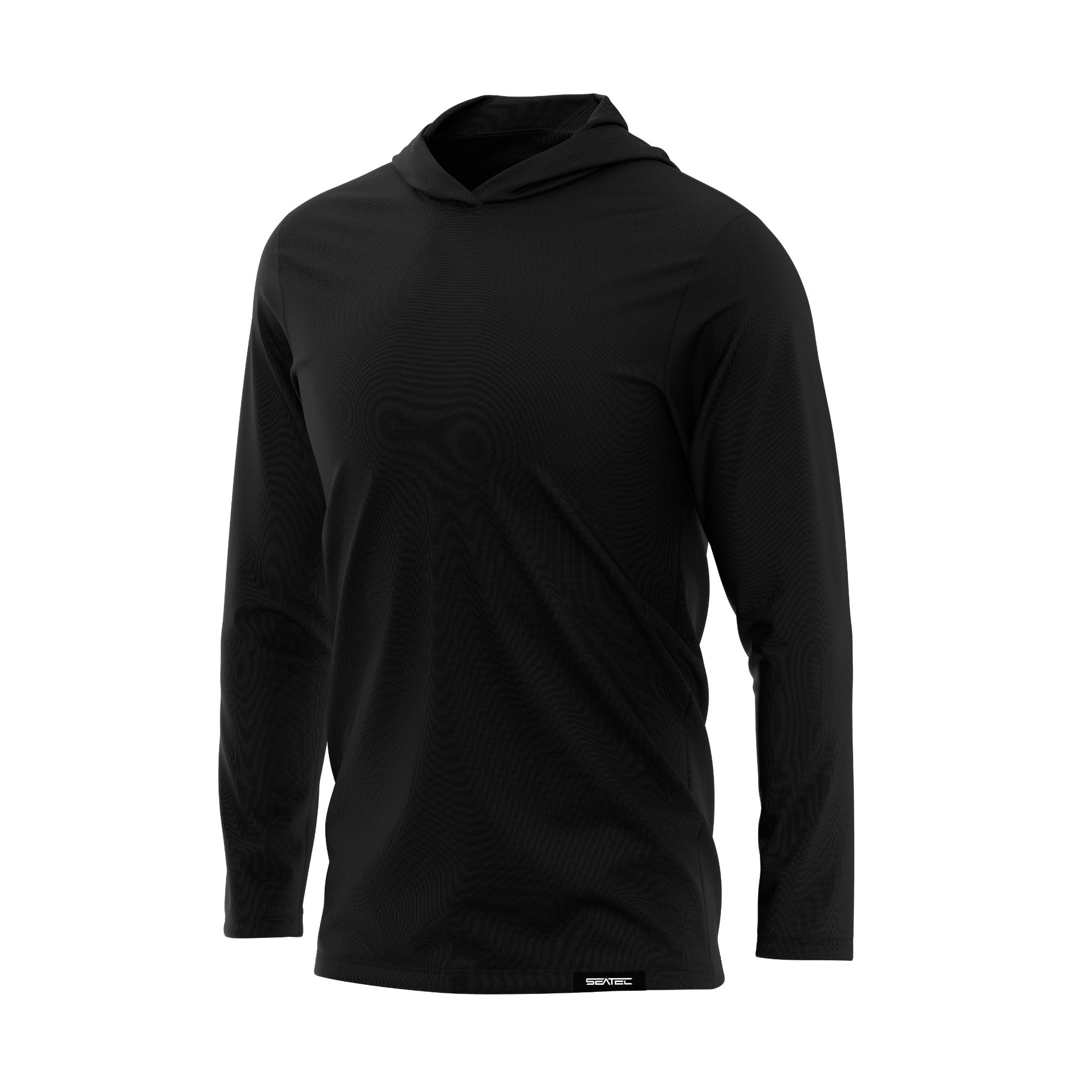 Black Men's Hooded Performance Long Sleeve Shirt – Lightweight, moisture-wicking fishing shirt for active outdoor use with UPF sun protection
