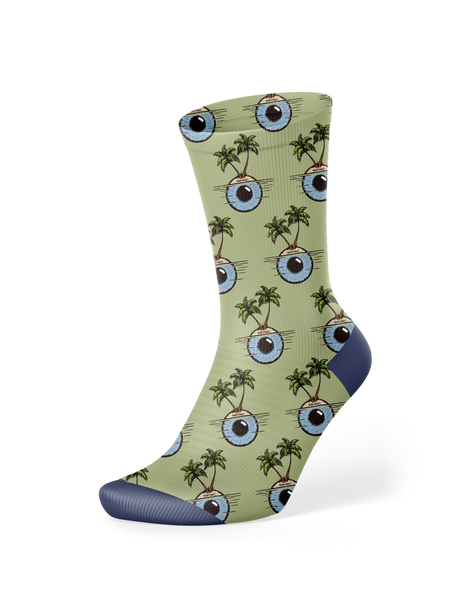 Wildflowersstore Eyeland Crew Sock featuring green base with eye and palm tree design, breathable moisture-wicking fabric for comfort and performance.