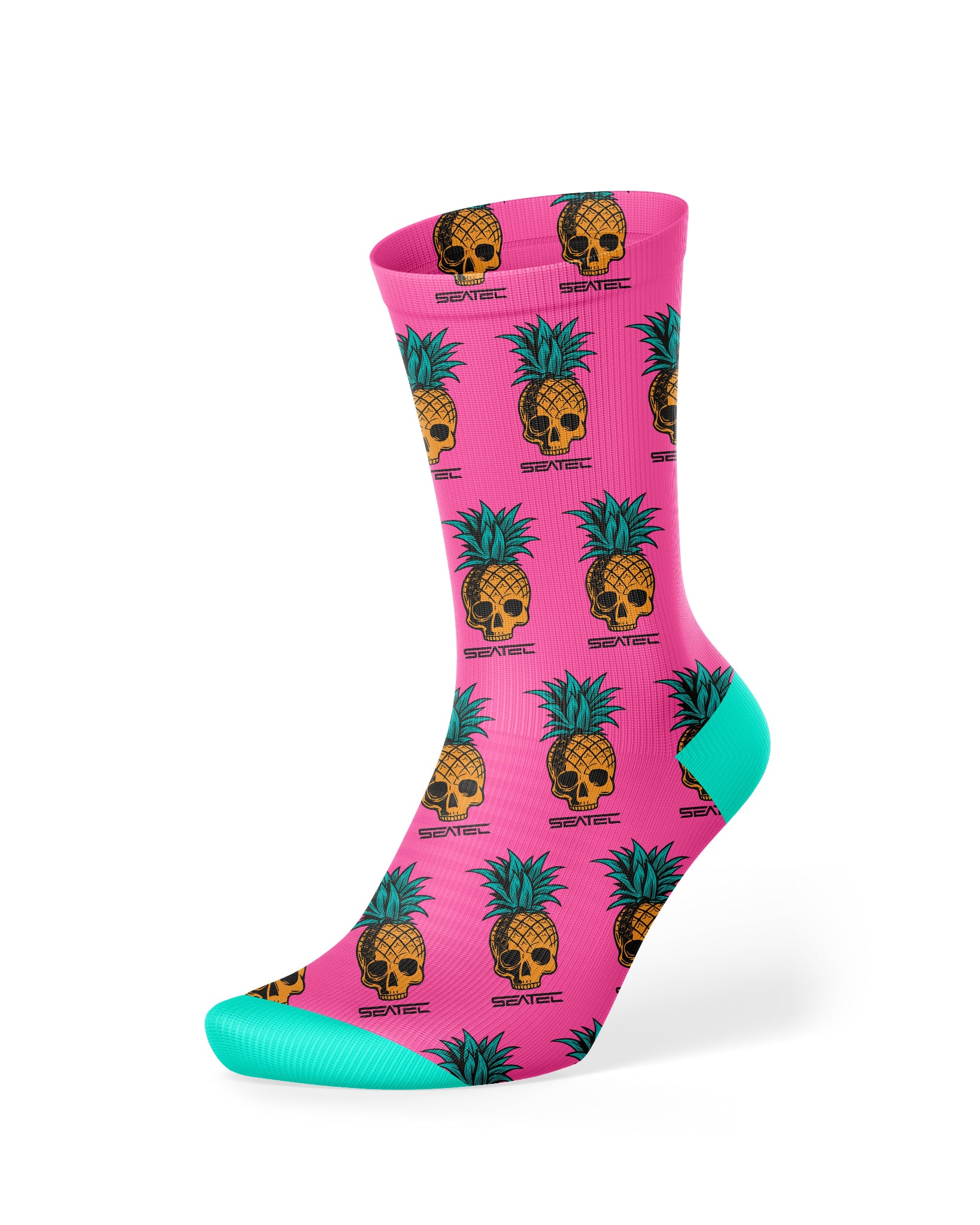 Wildflowersstore Pineapple Skull Crew Sock in bright pink and pineapple skull with moisture-wicking, breathable, and anti-odor fabric for all-day comfort and performanc