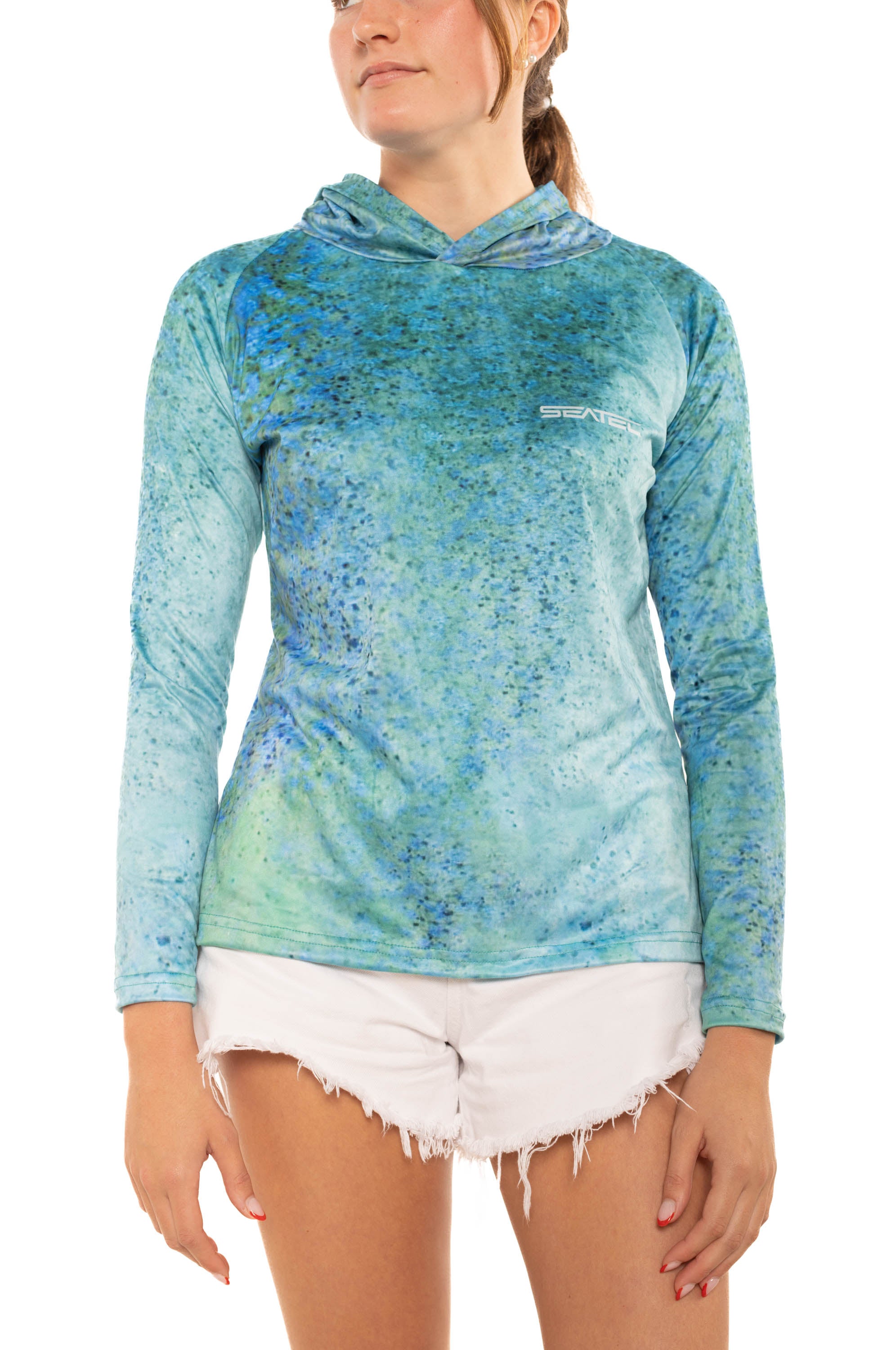 Seatec Women's Blue Trevally Hooded Performance Shirt – Lightweight, moisture-wicking fishing shirt for active outdoor use with UPF sun protection