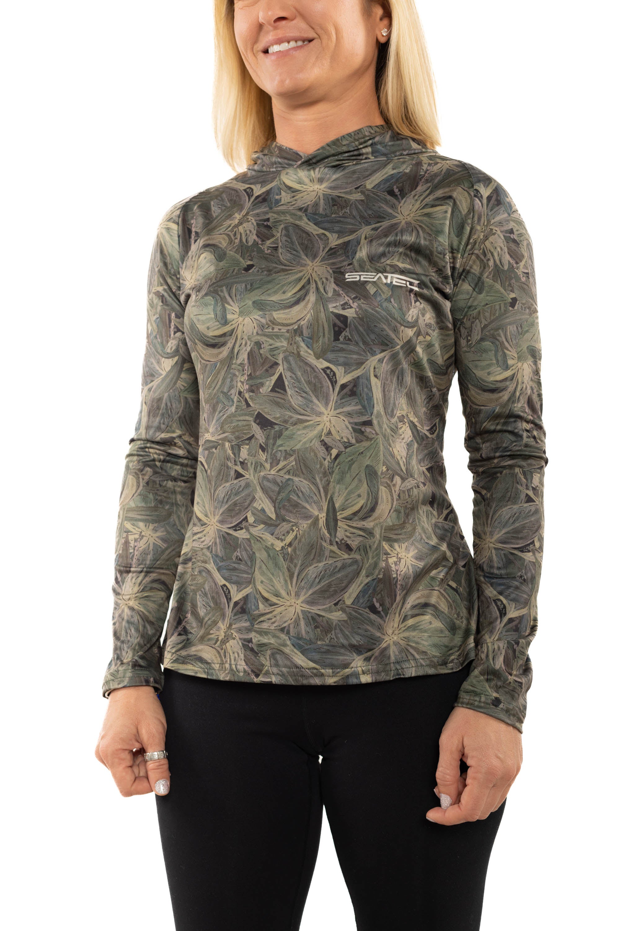 Seatec Women's Mangrove Camo Hooded Performance Shirt – Lightweight, moisture-wicking fishing shirt for active outdoor use with UPF sun protection